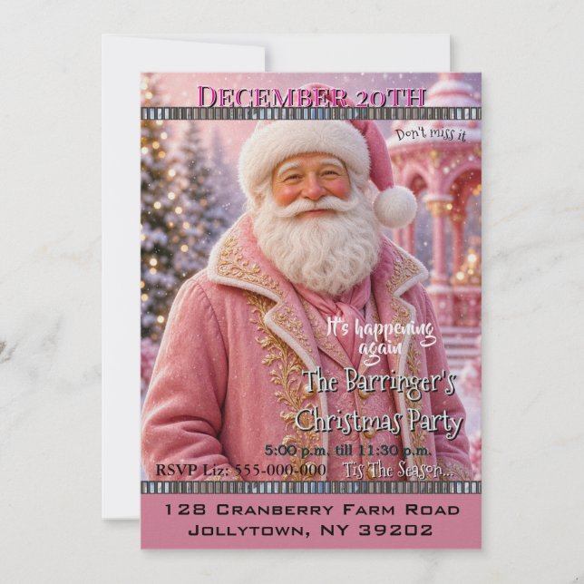 Rosa vacker tomte glädjefull julfest inbjudningar (Framsida)