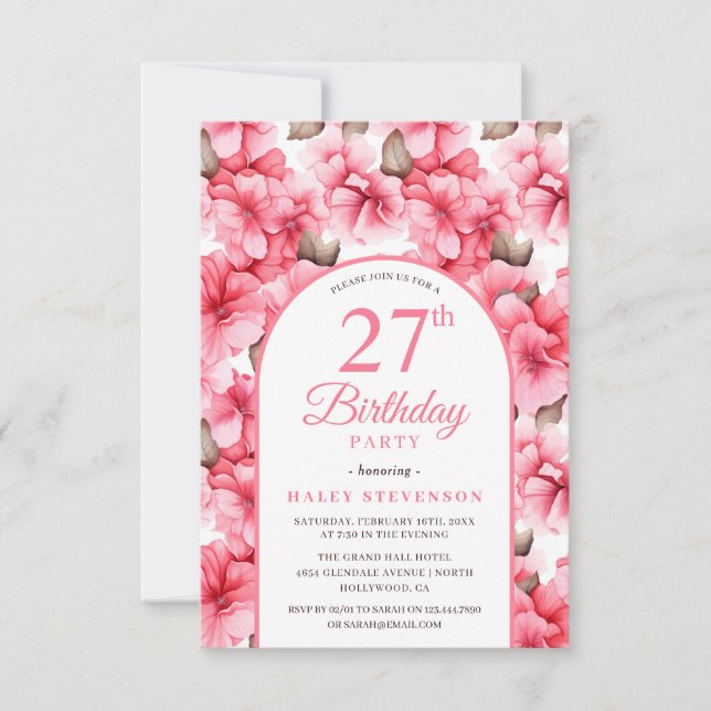 Rosa vacker trädgård Blommig båge Chic 27-årsdag Inbjudningar (Framsida)