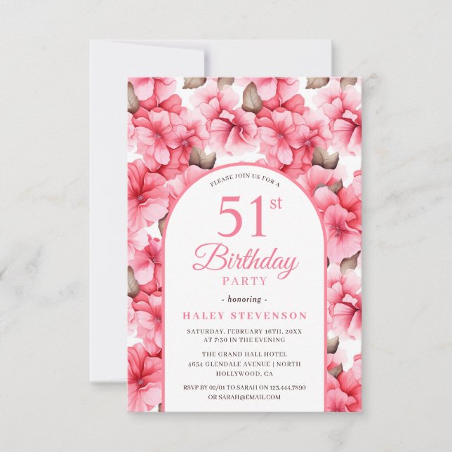 Rosa Vacker Trädgård Blommig Båge Chic 51-årsdag Inbjudningar (Framsida)
