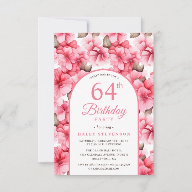 Rosa Vacker Trädgård Blommig Båge Chic 64-årsdag Inbjudningar (Framsida)