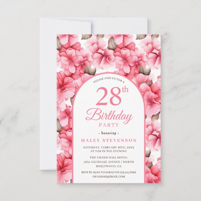 Rosa vacker trädgård Blomsterbåge Chic 28-årsdag Inbjudningar (Framsida)