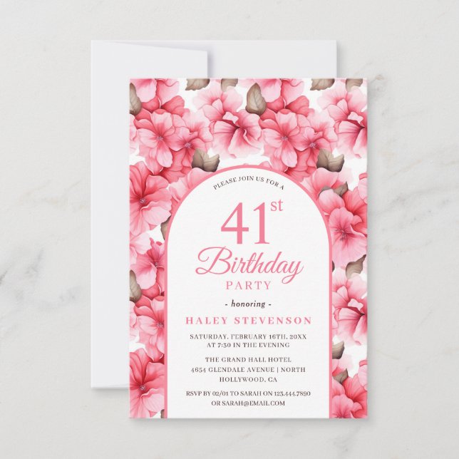 Rosa vacker trädgård blomsterbåge chic 41-årsdag inbjudningar (Framsida)