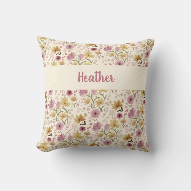 Rosa vackra blommönster monogramnamn kudde (Framsida)