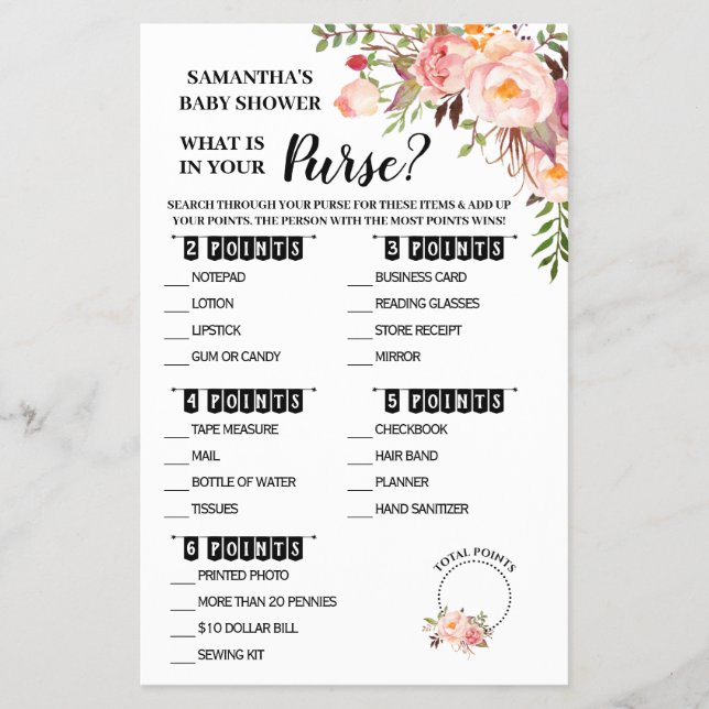 Rosa Vad finns i ditt Purse tvåspråkiga spelkort Flygblad (Framsidan)