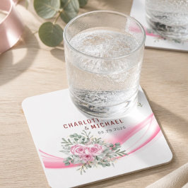 Rosa våg & Blommig bröllopspapper coaster Underlägg Papper Kvadrat