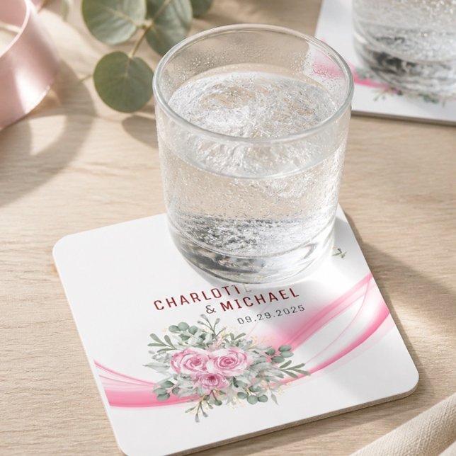 Rosa våg & Blommig bröllopspapper coaster Underlägg Papper Kvadrat (Skapare uppladdad)