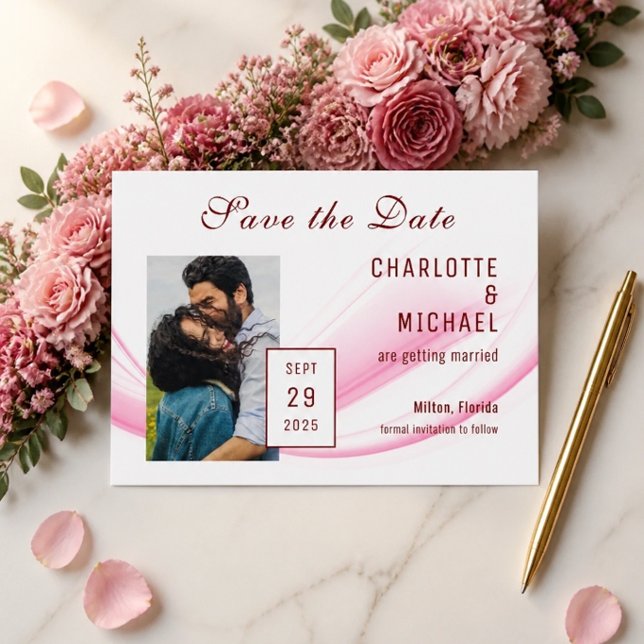 Rosa våg & blommig Save the Date platt kort (Skapare uppladdad)
