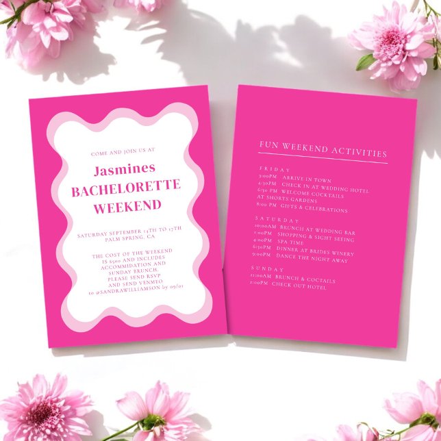 Rosa våg modern rolig möhippa inbjudan (pink wave bachelorette invitation with weekend activites all editable to suite your needs )