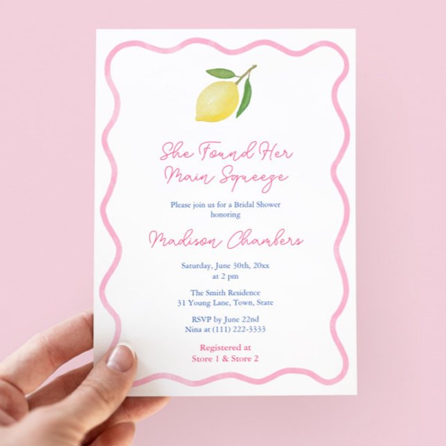 Rosa vågig kant Huvud squeeze Citroner Bröllopsdus Inbjudningar (Main Squeeze Lemon Bridal Shower Invitation Design With Pink Wavy Line Border)