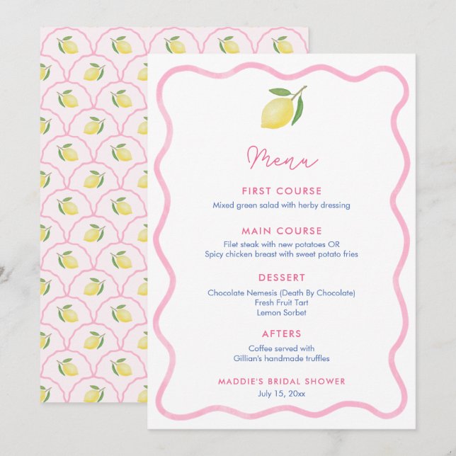Rosa vågig linje Lemon Baby Shower Platskort Meny (Fram/baksida)