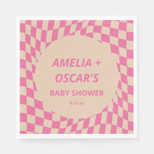Rosa Vågiga Rutmönster för Par Baby Shower Namn Pappersservett