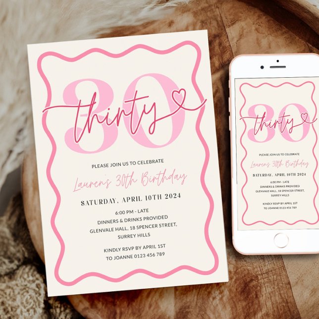 Rosa Vågigt inbjudan till kvinnor i 30års födelsed (Skapare uppladdad)