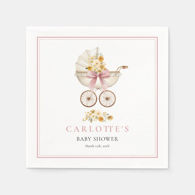 Rosa vagn välkommen baby shower servett (Framsidan)