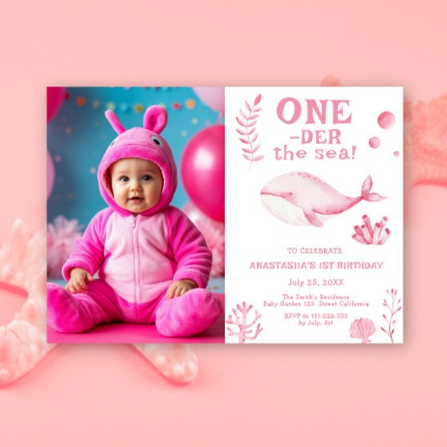 Rosa val under havet 1-års födelsedag  inbjudningar (Skapare uppladdad)