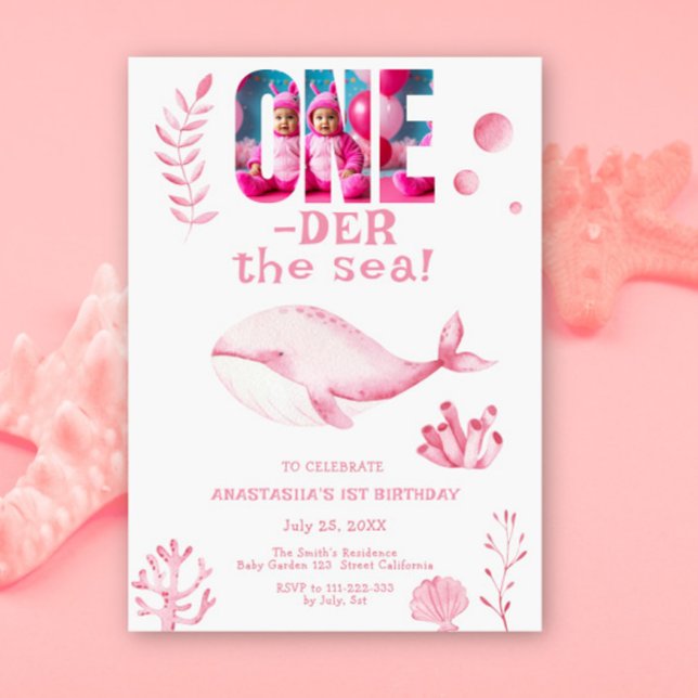 Rosa val under havet 1-årsdag  inbjudningar (Skapare uppladdad)