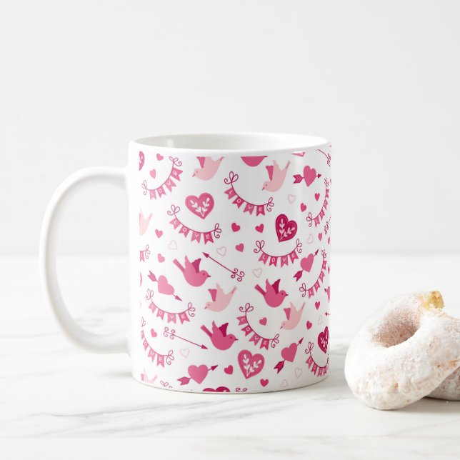 Rosa Valentindagen Hearts Birds Arrows Mönster Kaffemugg (Med munk)
