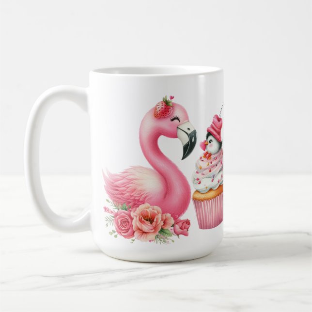 ROSA VALENTINE FLAMINGO MED STRAWBERRY CUPCAKE KAFFEMUGG (Vänster)