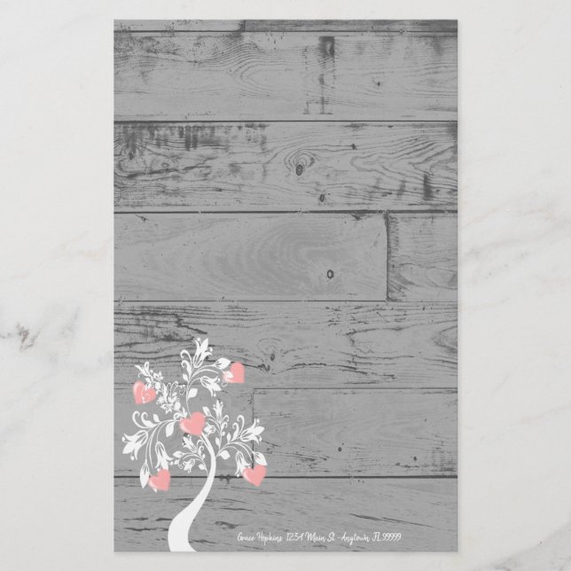Rosa Valentine Hearts Träd Personlig Stationery Brevpapper (Framsida)