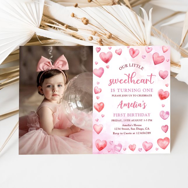 Rosa Valentine Swehoney 1st Birthday Photo Inbjudningar (Skapare uppladdad)