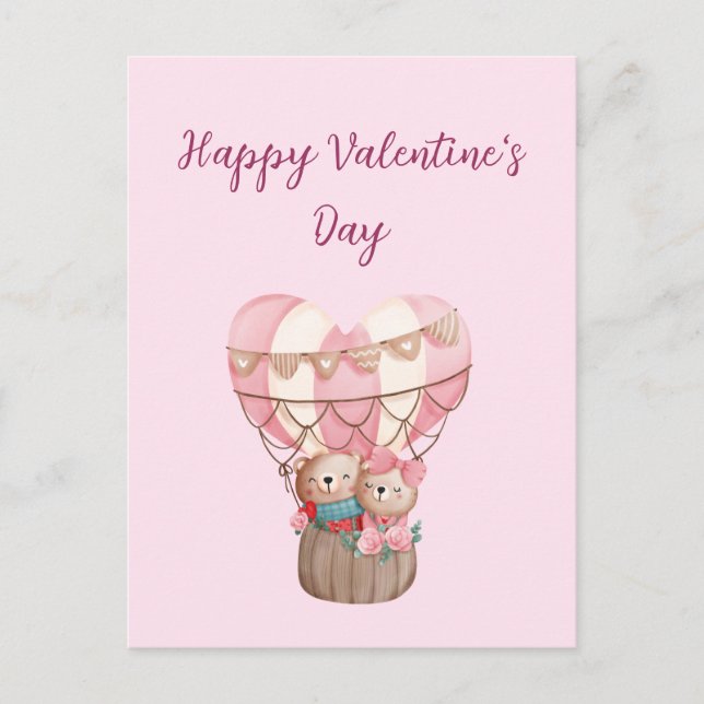 Rosa Valentines Day nalle luftballong Ca Vykort (Framsida)