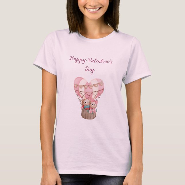 Rosa Valentines Day nalle luftballong T Shirt (Framsida)