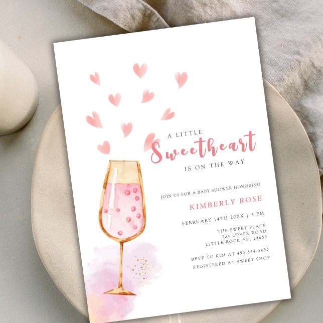 Rosa Valentines för  för babykläder Inbjudningar (Pink Sweetheart Champagne Valentines Baby Shower Invitation)