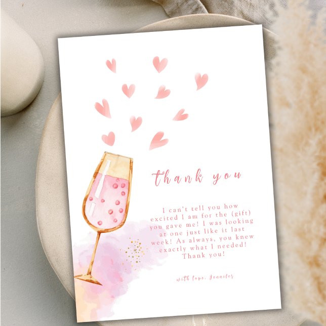 Rosa Valentines för  för babykläder Tack Kort (Pink Sweetheart Champagne Valentines Baby Shower Thank You Card)