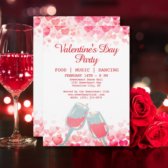 Rosa Valentines Party Food Music Dancing Klubb Inbjudningar (Pink Valentine's Party Food Music Dancing Club Invitation)