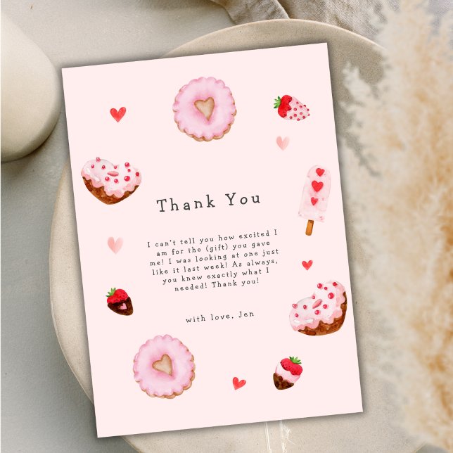 Rosa Valentines Sötnos Barn Shower Tack Kort (Pink Sweetheart Donuts Valentines Baby Shower Thank You Card)