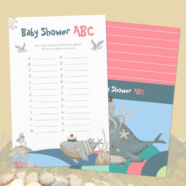 Rosa Valhaj för barnkalas ABC Namnleken (Pink Nautical Whale Baby Shower ABC Names Game ©Susanne Sachers - Sunny Mind Design 🌞)