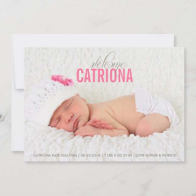 Rosa Välkommen Baby Photo Baby Birth Notice Meddelande (Framsida)