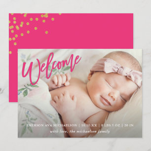 Rosa Välkomstskript med Faux Guld Confetti Birth Meddelande
