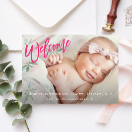 Rosa Välkomstskript med Photo Flicka Birth Meddelande