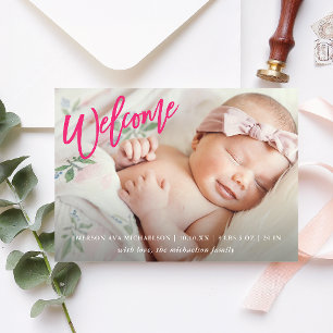 Rosa Välkomstskript med Photo Flicka Birth Meddelande