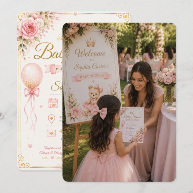 Rosa välkomstskylt för baby shower inbjudningar (Fram/baksida)