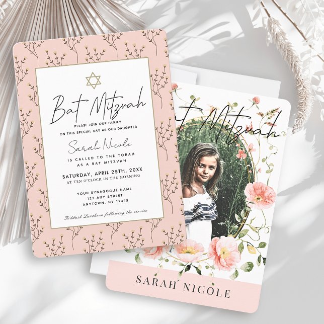 Rosa vallmo blomsterfoto Bat Mitzvah Inbjudningar (Skapare uppladdad)