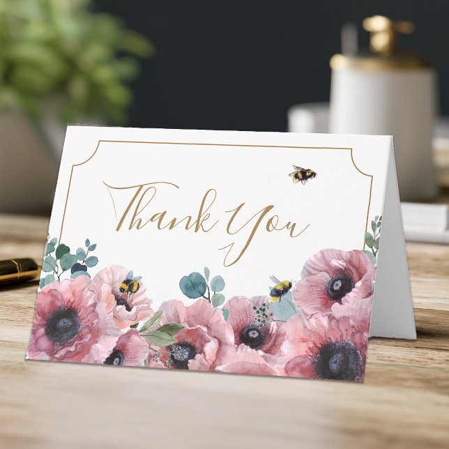 Rosa vallmo och bin Tack Kort (Pink Floral Thank You Card)