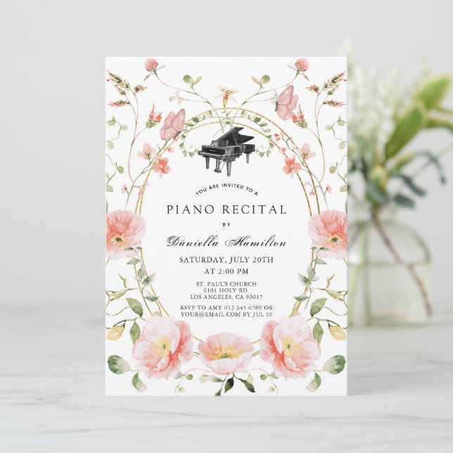 Rosa vallmo vildblomma piano vit konsert inbjudningar (Stående Fram)