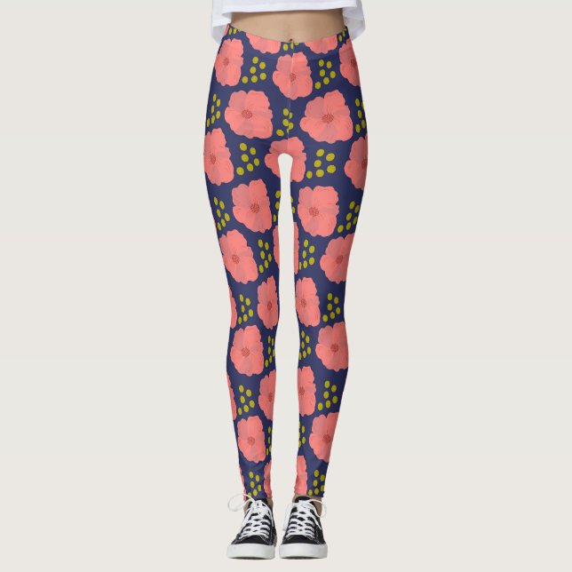 Rosa vallmoblommor på flotta med prickade accenter leggings (Framsida)