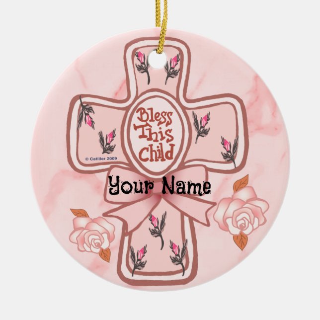 Rosa Välsigna detta barn Kristet korsornament Julgransprydnad Keramik (Framsidan)