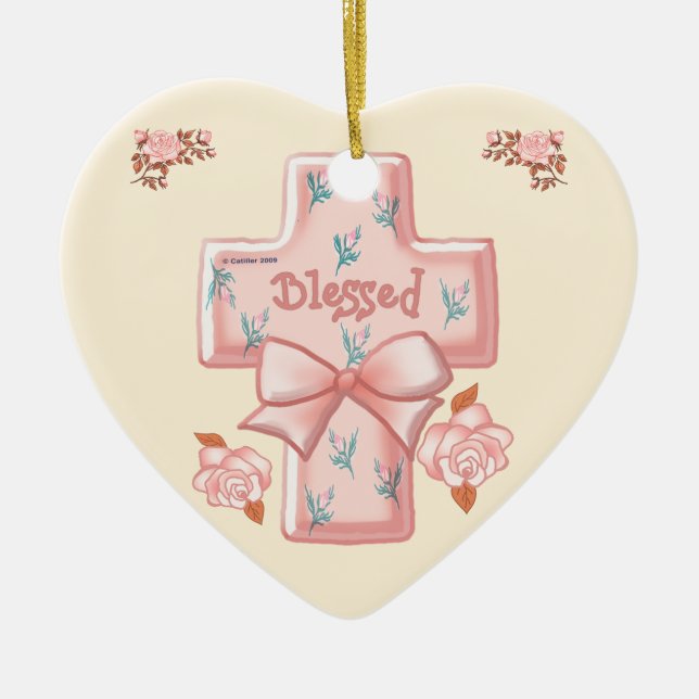 Rosa välsignad kristet kors hjärta ornament (Framsidan)