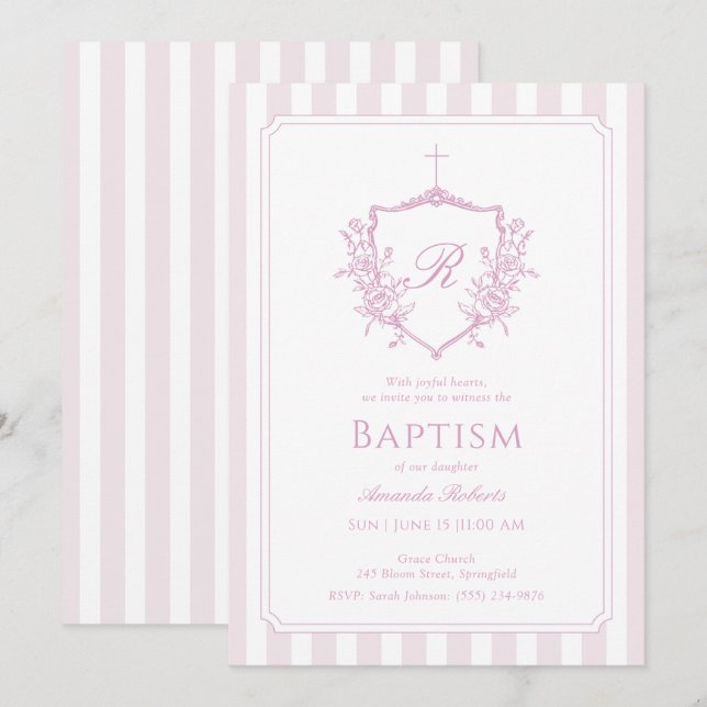 Rosa Vapensköld Monogram Baptism-inbjudan Inbjudningar (Fram/baksida)