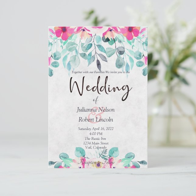 Rosa vår akvarell blommig bröllopsinbjudan inbjudningar (Stående Fram)