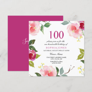 Rosa Vår Blommigt 100 Födelsedagsfest inbjudan