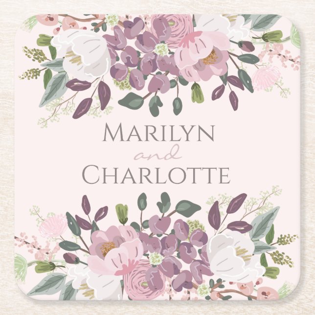 Rosa Vår Blommigt Bouquet Bröllop Underlägg Papper Kvadrat (Framsidan)