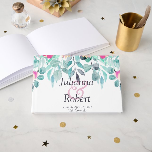 Rosa vår blommigt bröllop gäst bok (Framsida öppen)