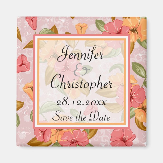 Rosa Vår Blommigt Bröllop spara datum Magnet (Framsidan)
