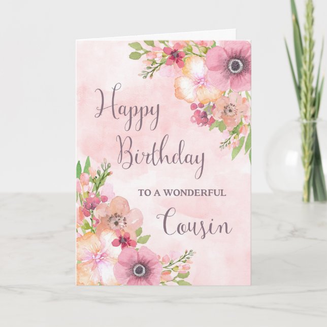 Rosa Vår blommor Cousin Birthday Card Kort (Framsida)