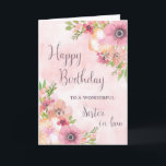 Rosa Vår blommor Sister in law Birthday Card Kort<br><div class="desc">Födelsedag för syster i juridik med söt rosa vattenfärgblommor och tankfull vers.</div>