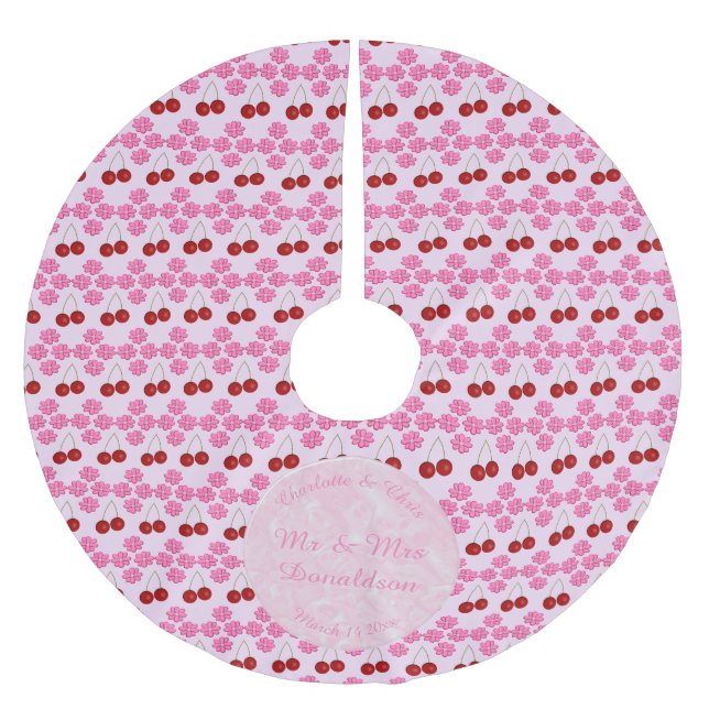 Rosa Vår bröllop Cherry blommar och körsbär Julgransmatta Borstad Polyester (Framsidan)